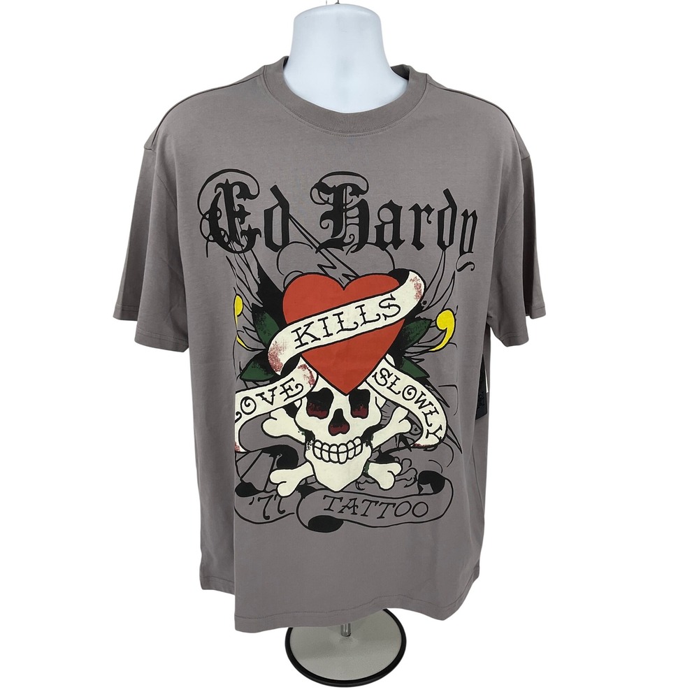 Ed Hardy Graphic T-Shirt Love Kills Slowly Tattoo‎ Skull Gray Medium #1177